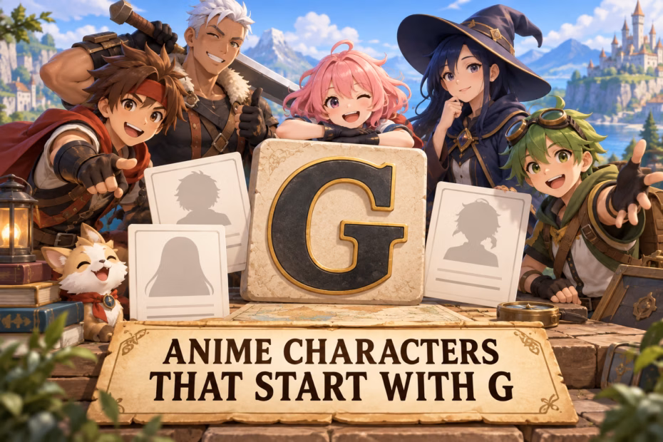 An original group of animated adventure characters gathers around a large G and blank profile cards. Text: Anime characters that start with G.
