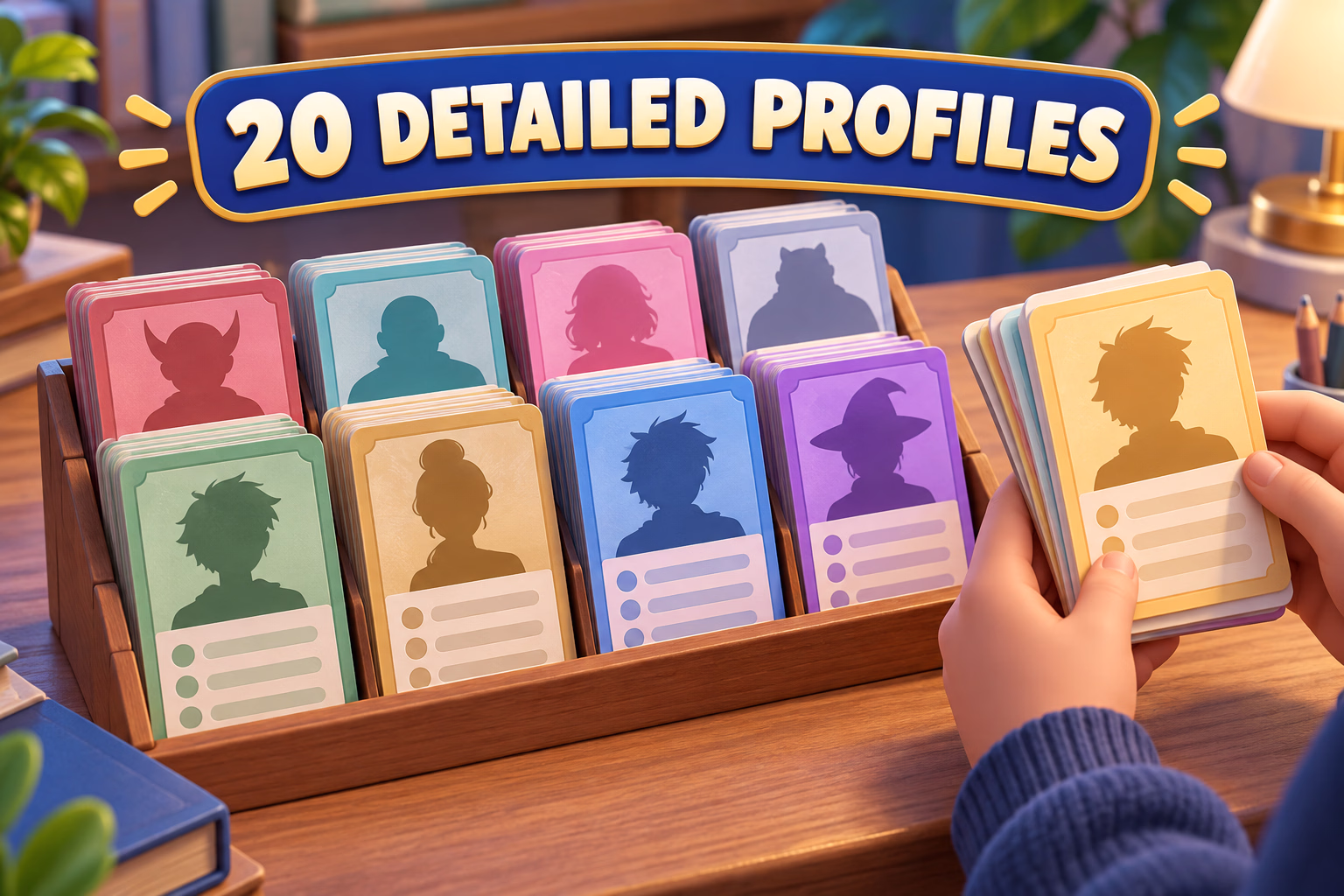 A reader browses a display of blank animated character profile cards. Text: 20 detailed profiles.