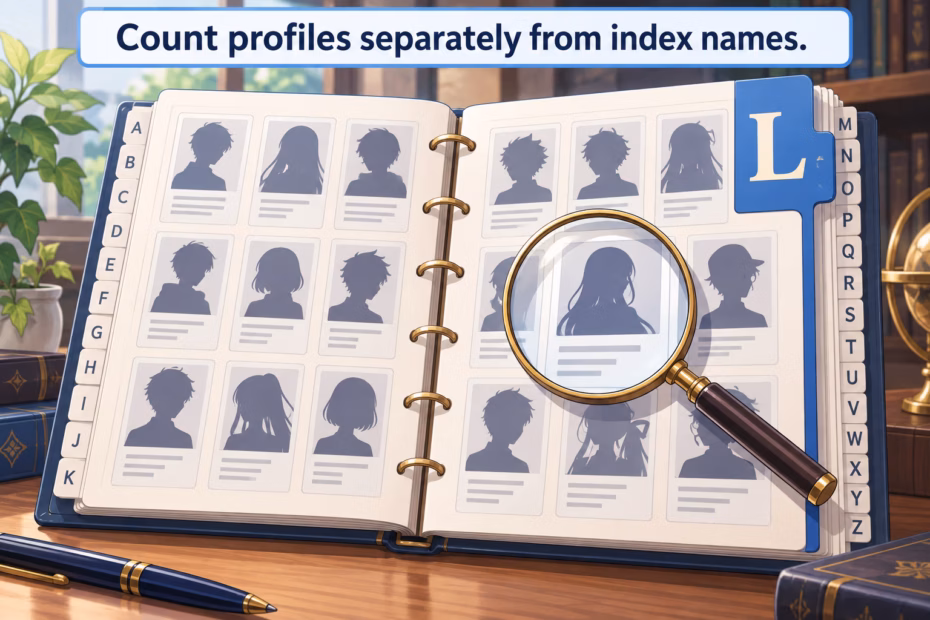 An open alphabetized character directory with generic profile cards and a magnifying glass. Text: “Count profiles separately from index names.”
