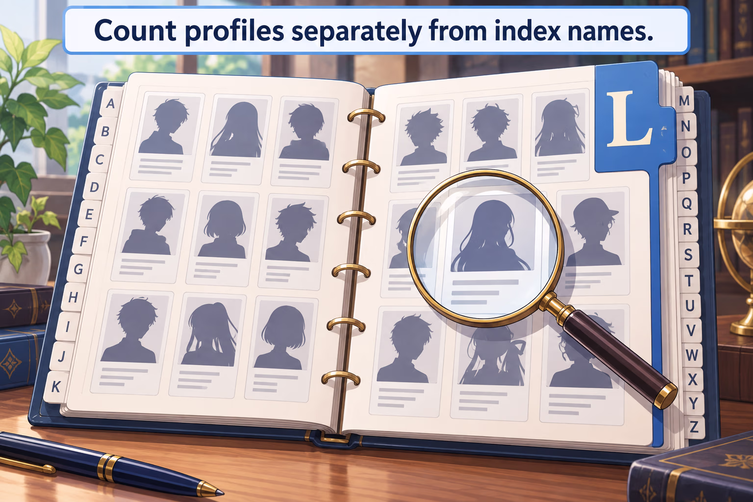 An open alphabetized character directory with generic profile cards and a magnifying glass. Text: “Count profiles separately from index names.”