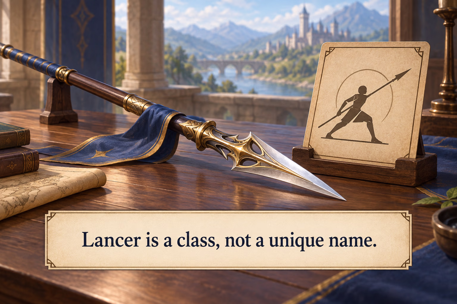 A ceremonial spear beside a generic role card illustrates a title or class. Text: “Lancer is a class, not a unique name.”