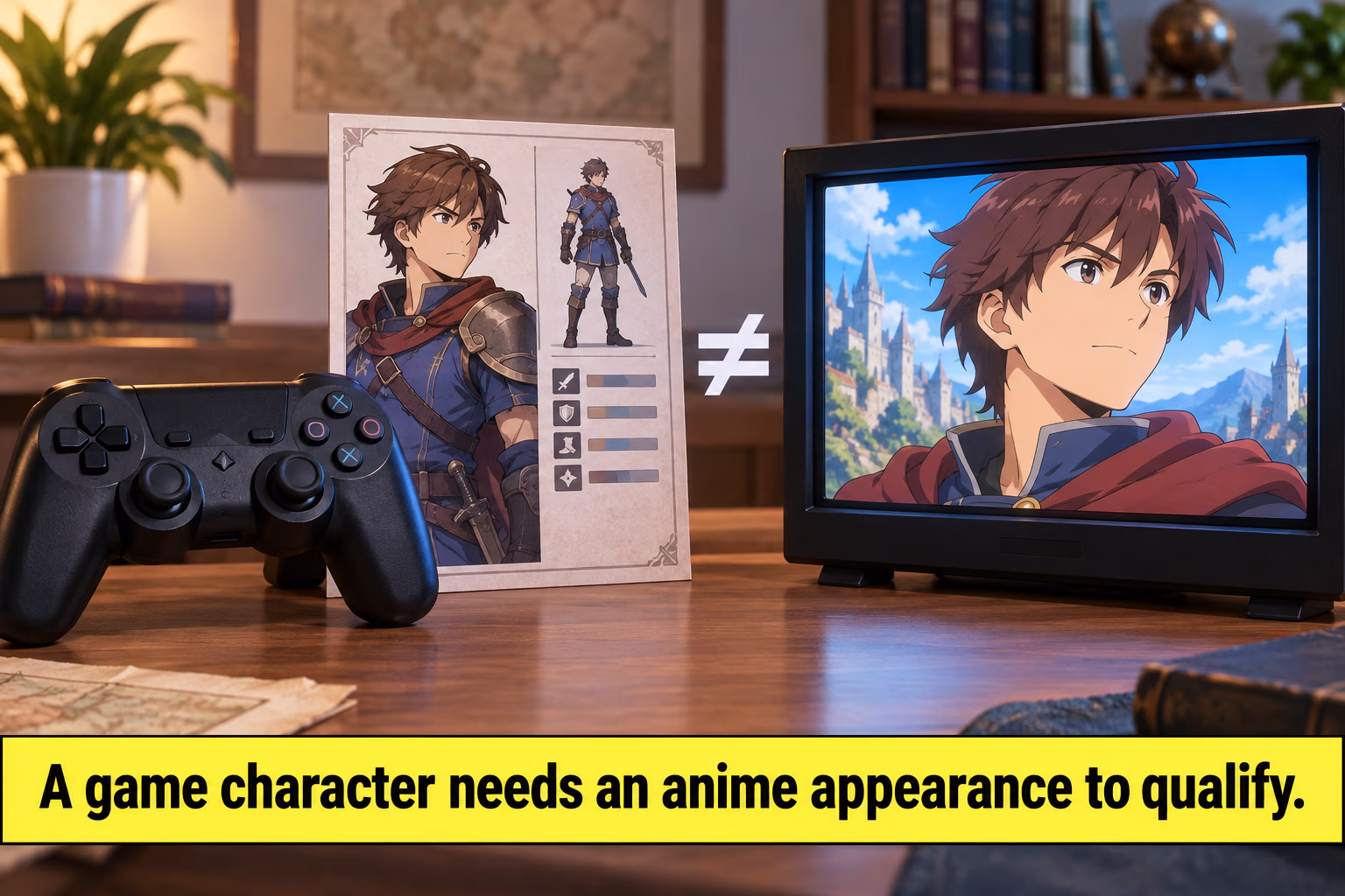 A game controller beside a generic character profile and television frame signals different media. Text: “A game character needs an anime appearance to qualify.”
