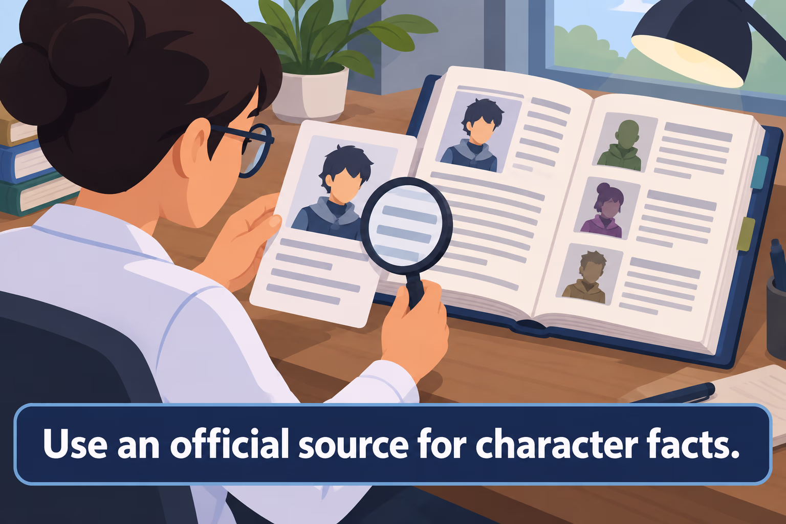 A researcher checks a generic character profile against a series guide. Text: “Use an official source for character facts.”