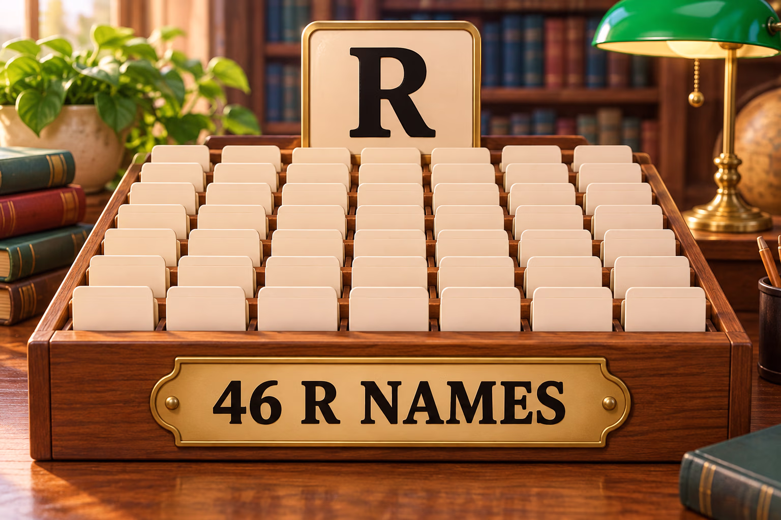 A library-style card index beneath a large R represents the 46 names in the quick-reference table. Text: 46 R names.