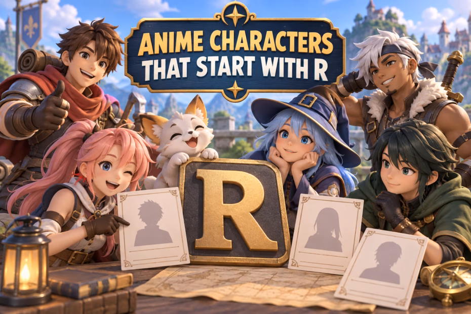 A group of original animated adventurer silhouettes gathers around a large R and blank profile cards. Text: Anime characters that start with R.