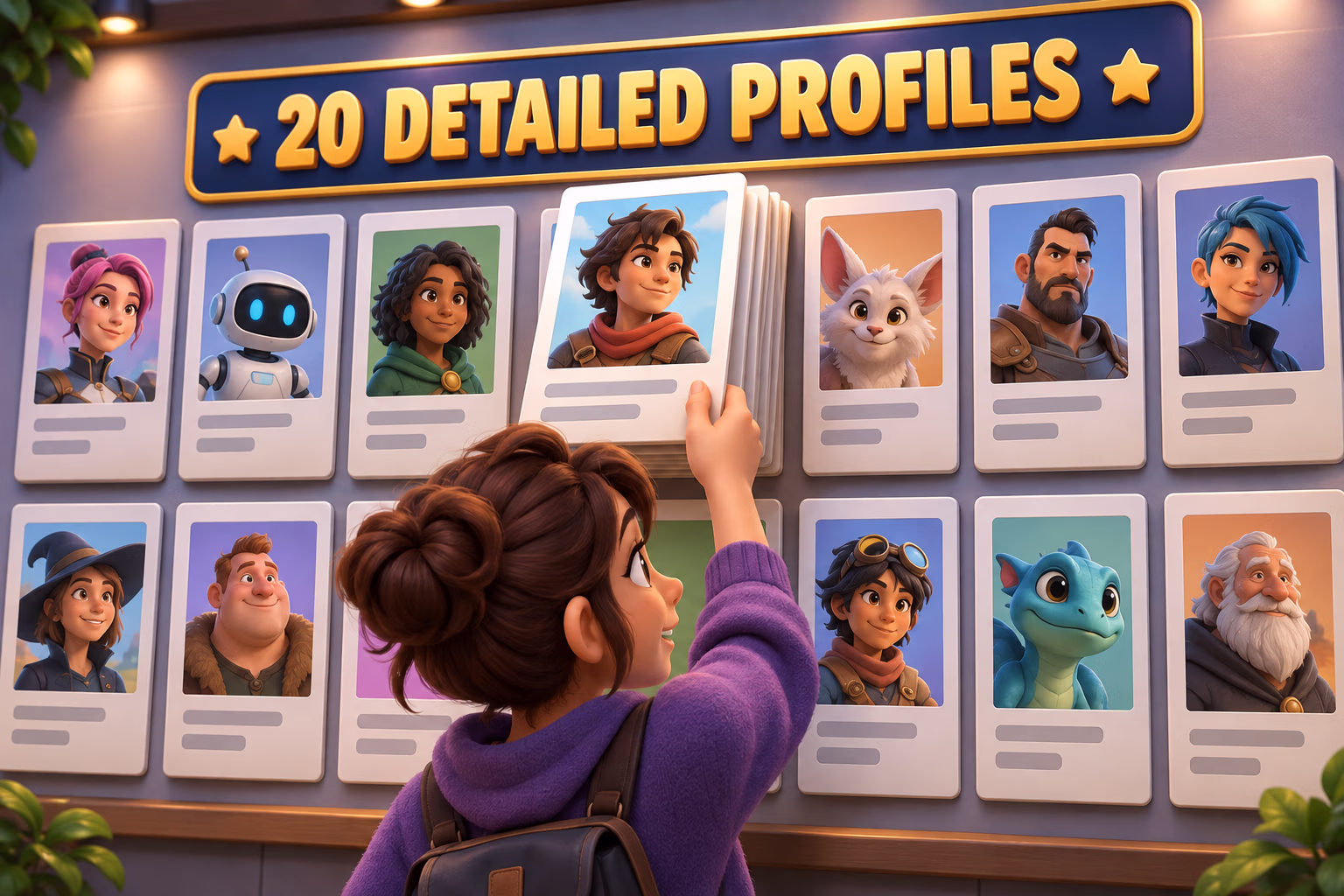 A reader browses a wall of original animated character profile cards. Text: 20 detailed profiles.