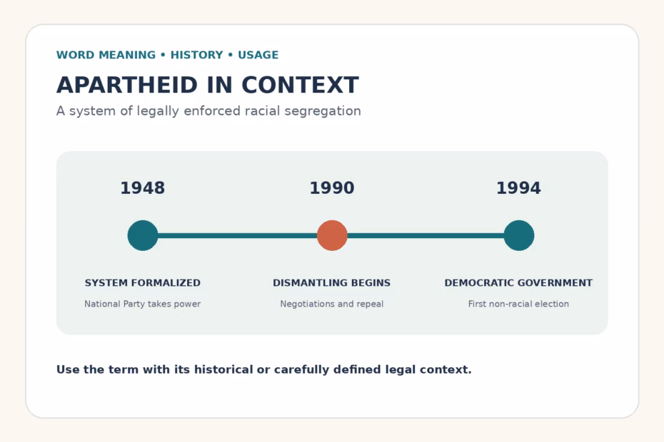 Timeline graphic showing South Africa's apartheid system formalized in 1948, dismantling beginning in 1990, and democratic government in 1994.