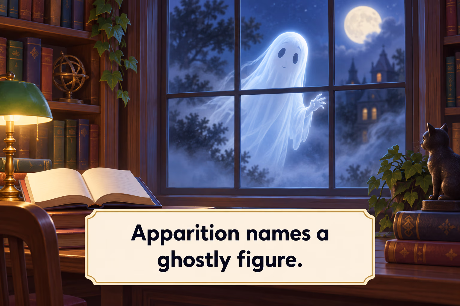 A soft ghostly apparition appears outside a moonlit library window.