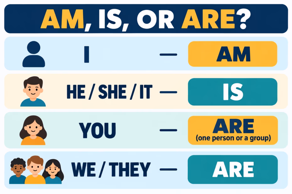 A subject and verb guide shows I am, he or she is, and you, we, or they are, noting that you are works for one person or a group.