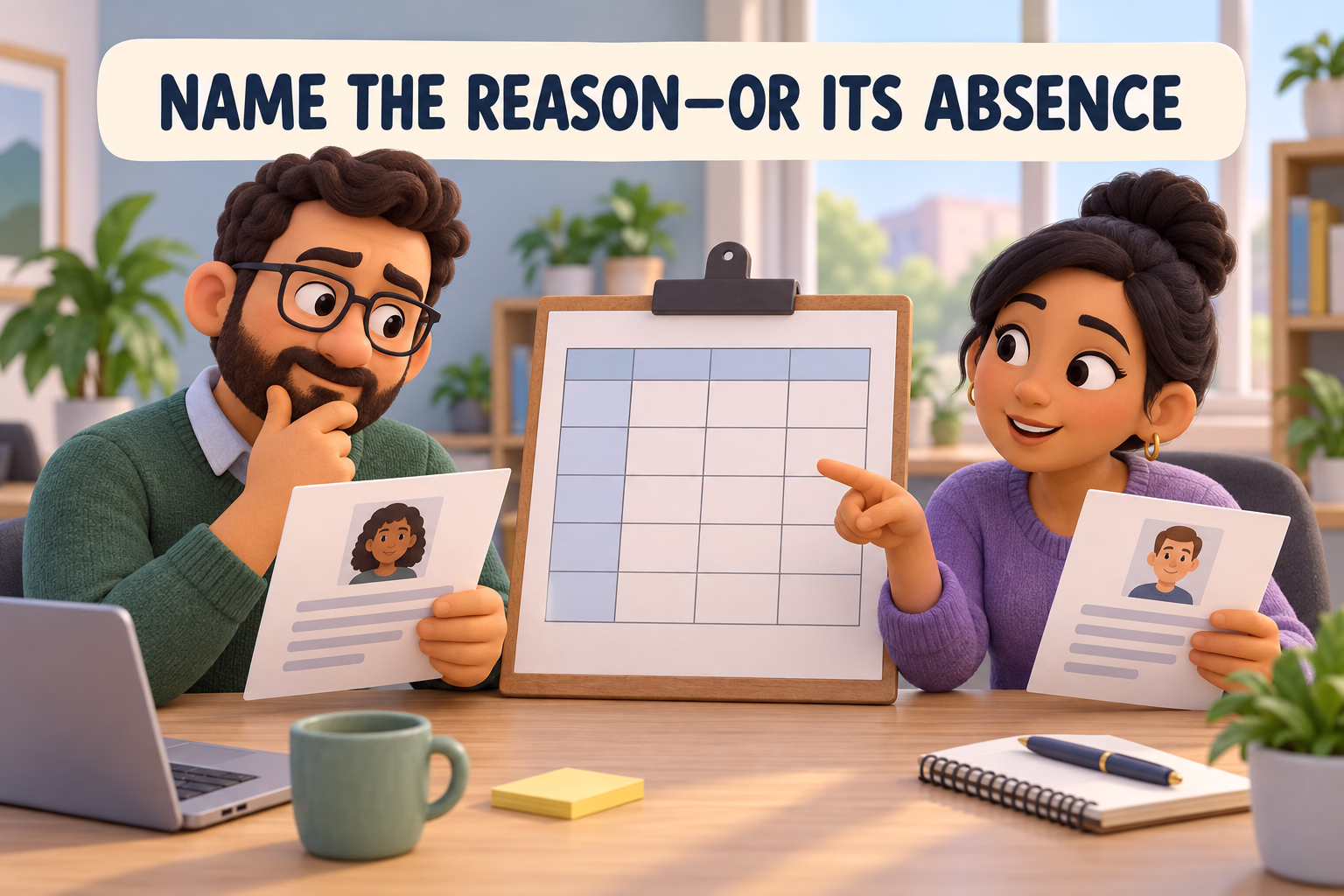 Two colleagues compare project applications beside a blank scoring grid; the label reads “Name the reason—or its absence.”
