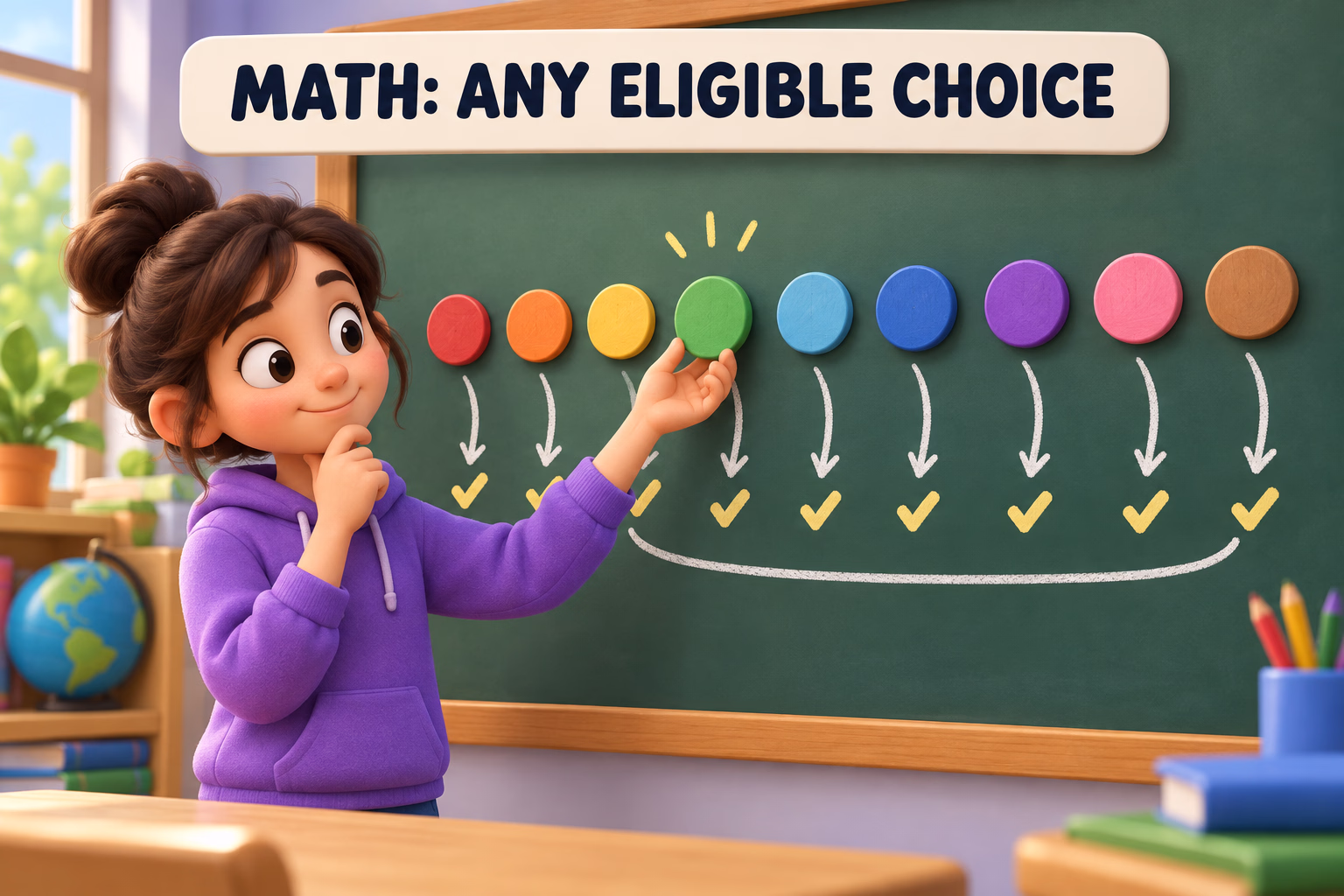 A student indicates one eligible number token while a proof path covers all tokens; the label reads “Math: any eligible choice.”