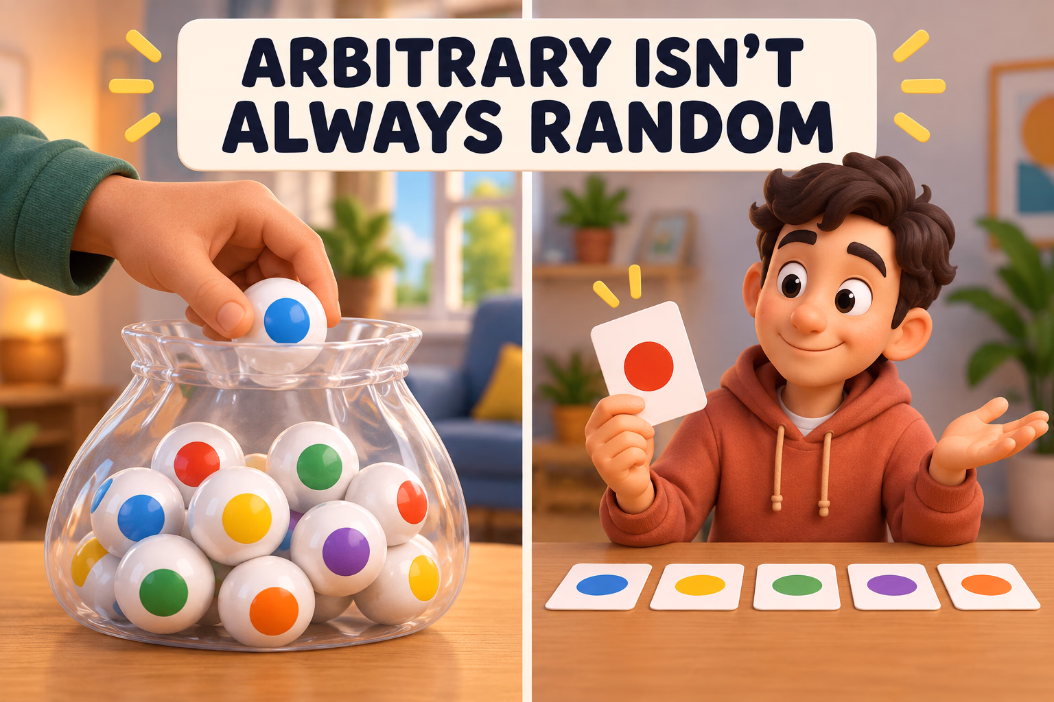 A chance draw and a no-special-reason card choice are shown side by side; the label reads “Arbitrary isn’t always random.”