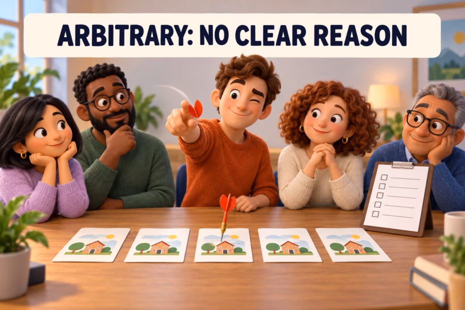 A committee selects one project card while a checklist goes unused; the label reads “Arbitrary: no clear reason.”