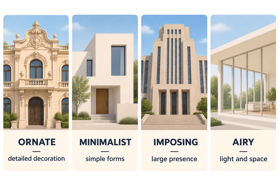 Four illustrated building details labeled ornate decoration, minimalist forms, imposing scale, and airy space.