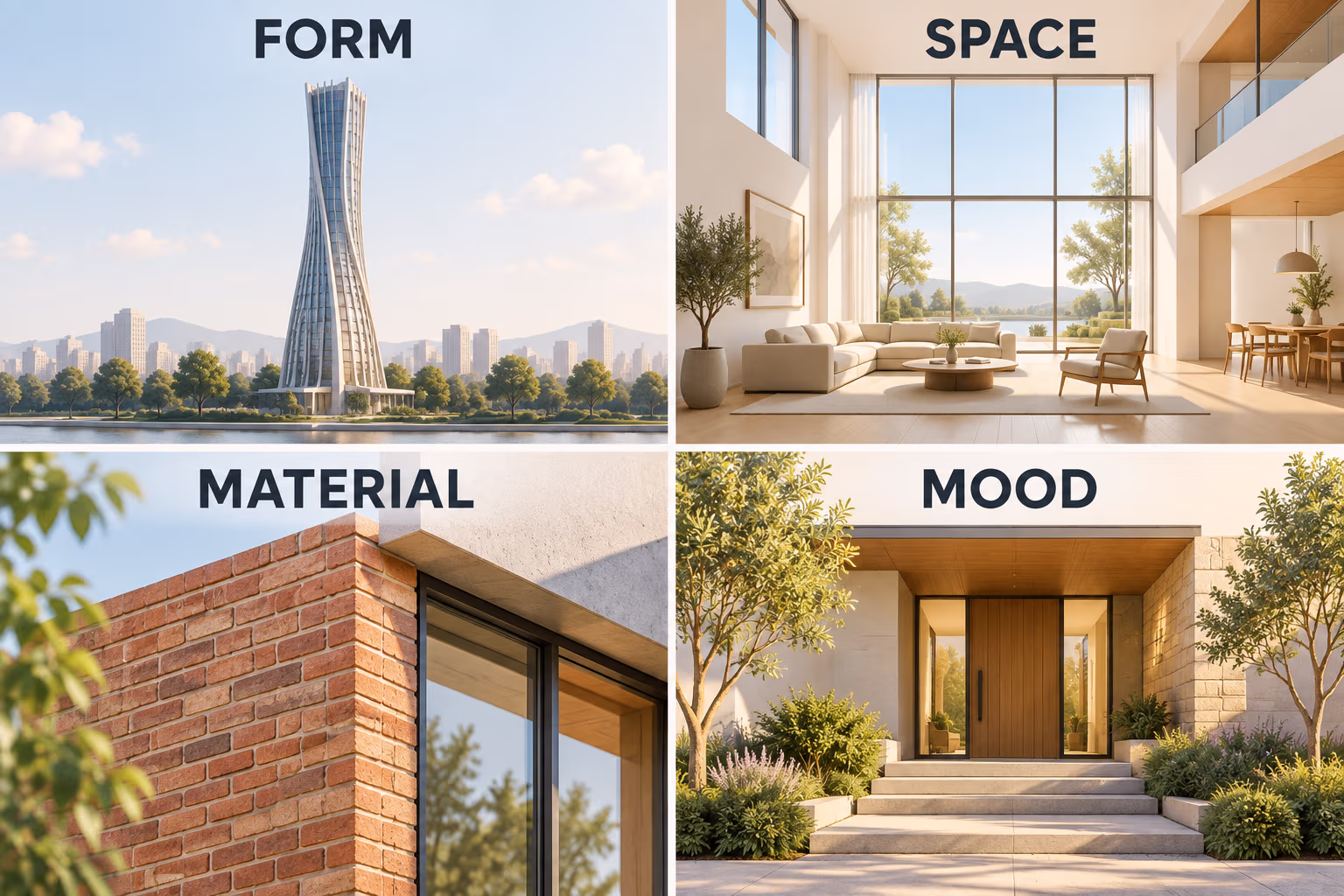 Four animated architecture examples label observable features as FORM, SPACE, MATERIAL, and MOOD.