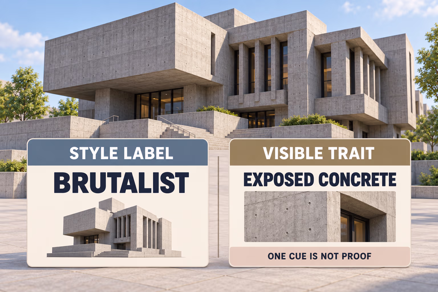 An animated comparison separates the style label BRUTALIST from the visible trait exposed concrete.