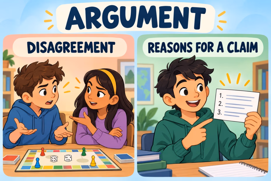 Two-part cartoon illustration defines argument as either a disagreement or reasons supporting a claim