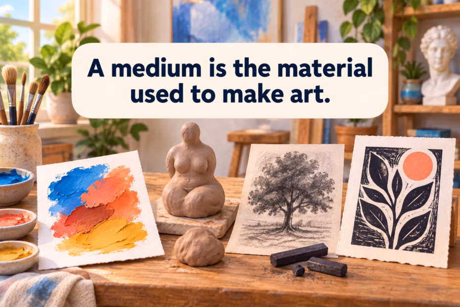 Illustration showing paint, clay, charcoal, and a print as different art materials.