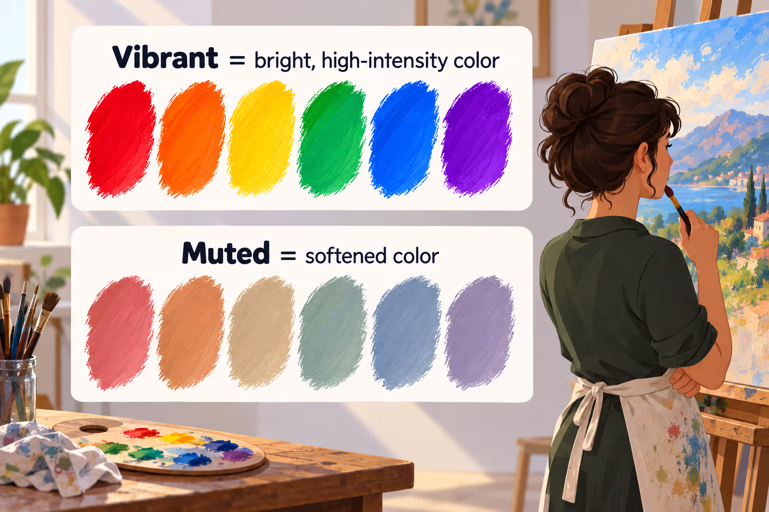 Vivid and muted paint swatches illustrate two color adjectives for describing artwork.