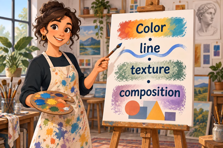 Animated artist in a studio beside a canvas labeled color, line, texture, and composition.