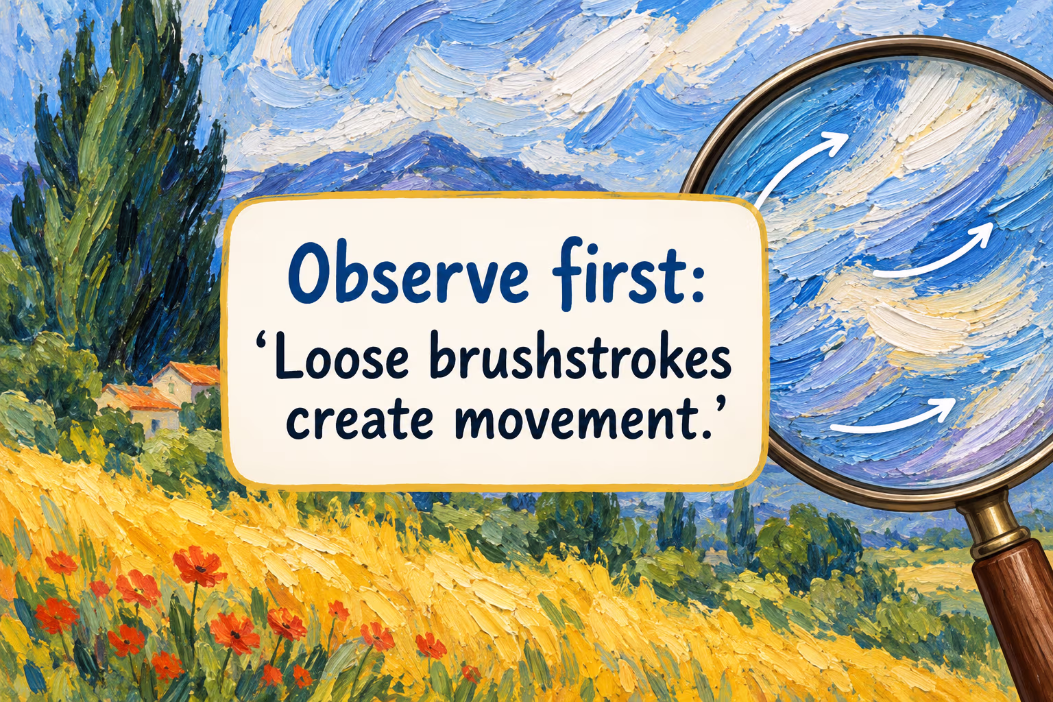 A magnifier highlights loose brushstrokes in a landscape painting, showing how visible marks can suggest movement.