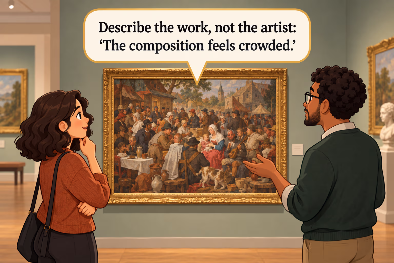 Two gallery visitors discuss a crowded composition, focusing their critique on the artwork.