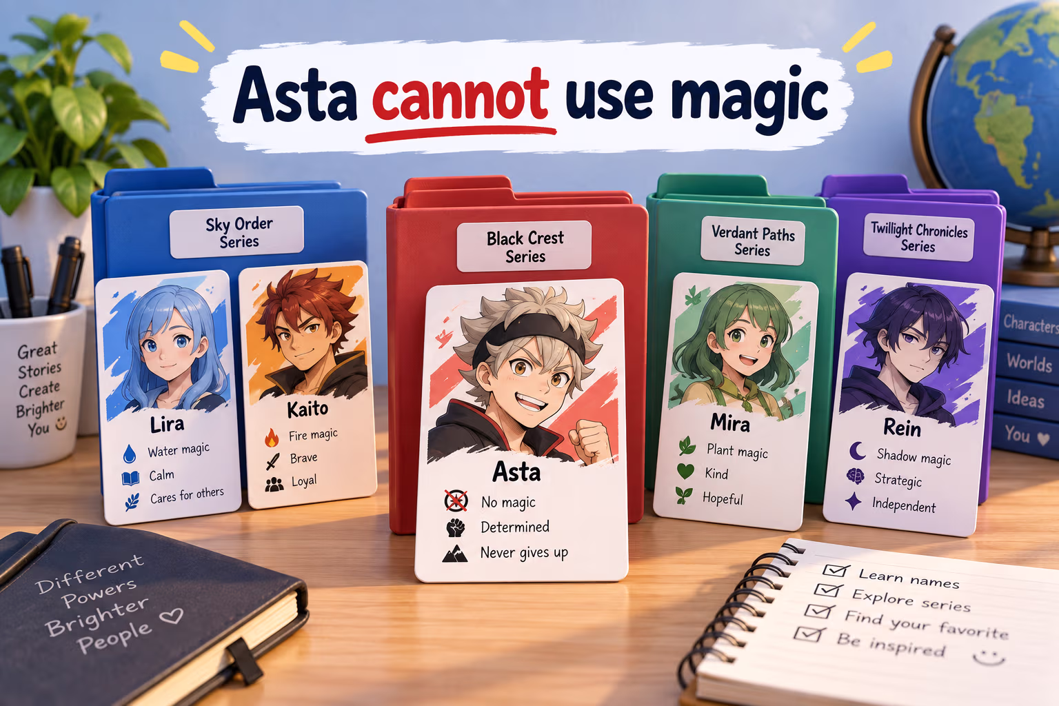 Colorful character profile cards and a crossed-out magic symbol. Text: Asta cannot use magic.