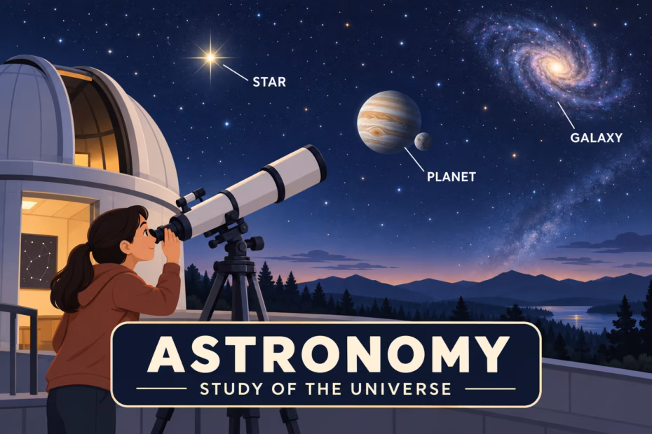 An observer at a telescope looks toward a star, a planet, and a galaxy beneath the heading “Astronomy: Study of the Universe.”