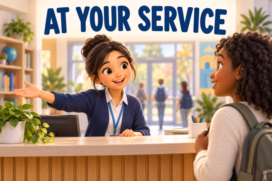 Friendly school information-desk helper greets a visitor beneath the heading At Your Service.
