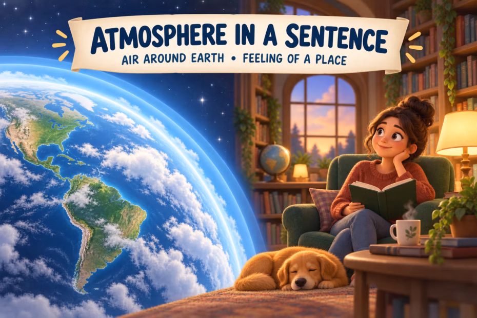 Earth’s blue atmosphere beside a reader in a warm library; atmosphere can mean surrounding gases or a place’s feeling.