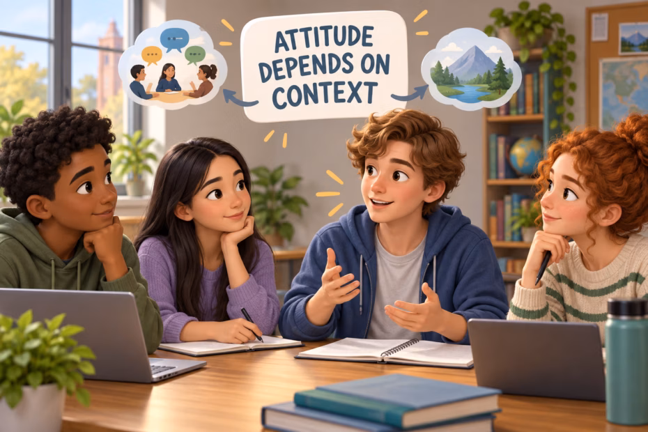 Students share ideas in a discussion beneath the label Attitude depends on context.