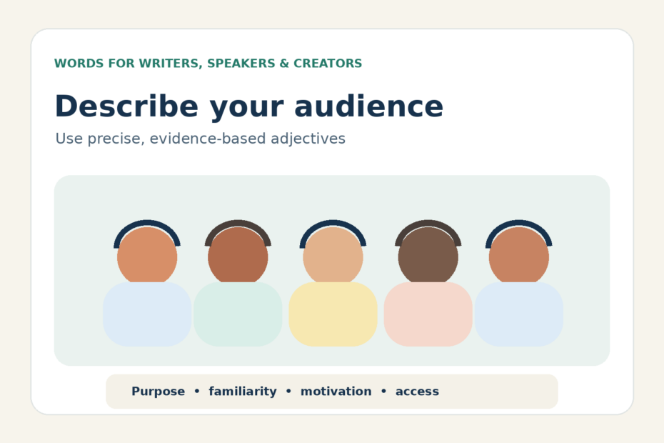 Five illustrated people with a writing prompt to describe audiences with precise, evidence-based adjectives.