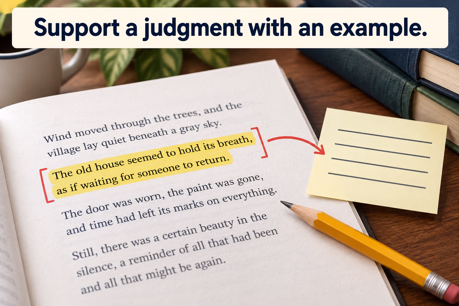 A highlighted passage and pencil illustrate supporting a critical judgment with a specific example.