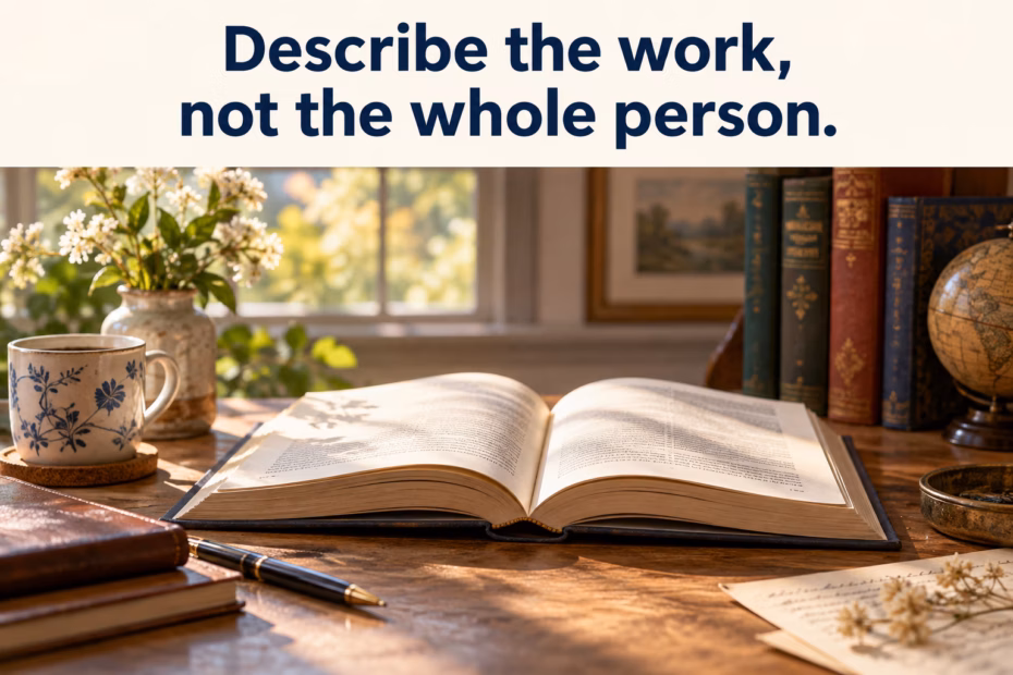 An open book on a sunlit writing desk, illustrating descriptive language about an author’s work.