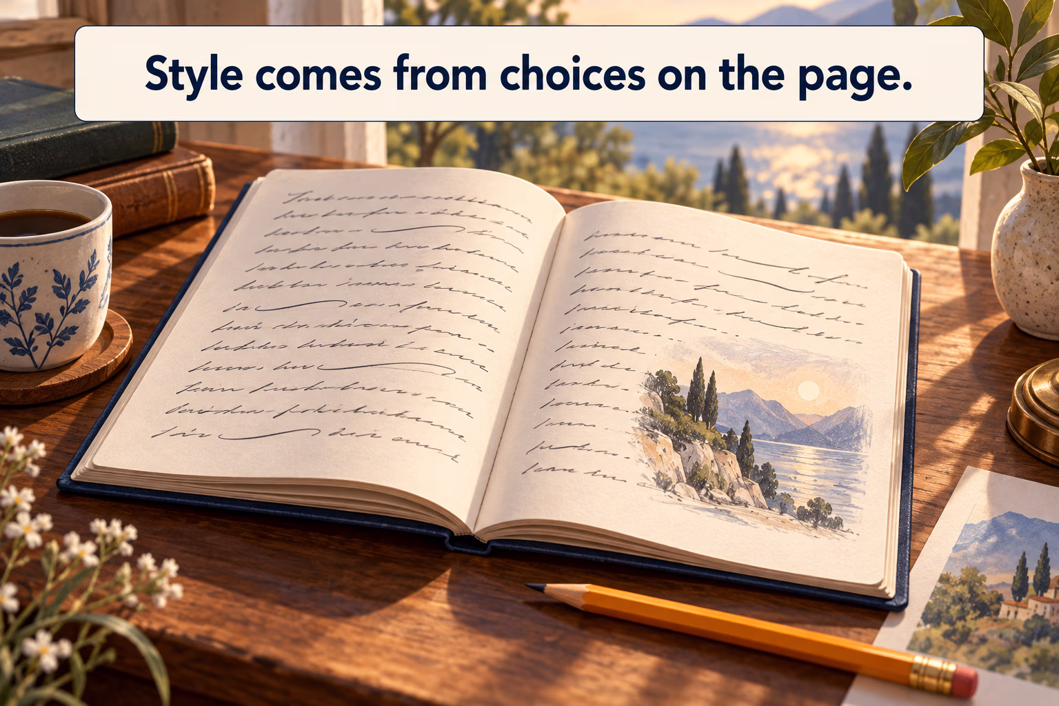 An open manuscript and pencil representing word choice, imagery, and sentence rhythm.
