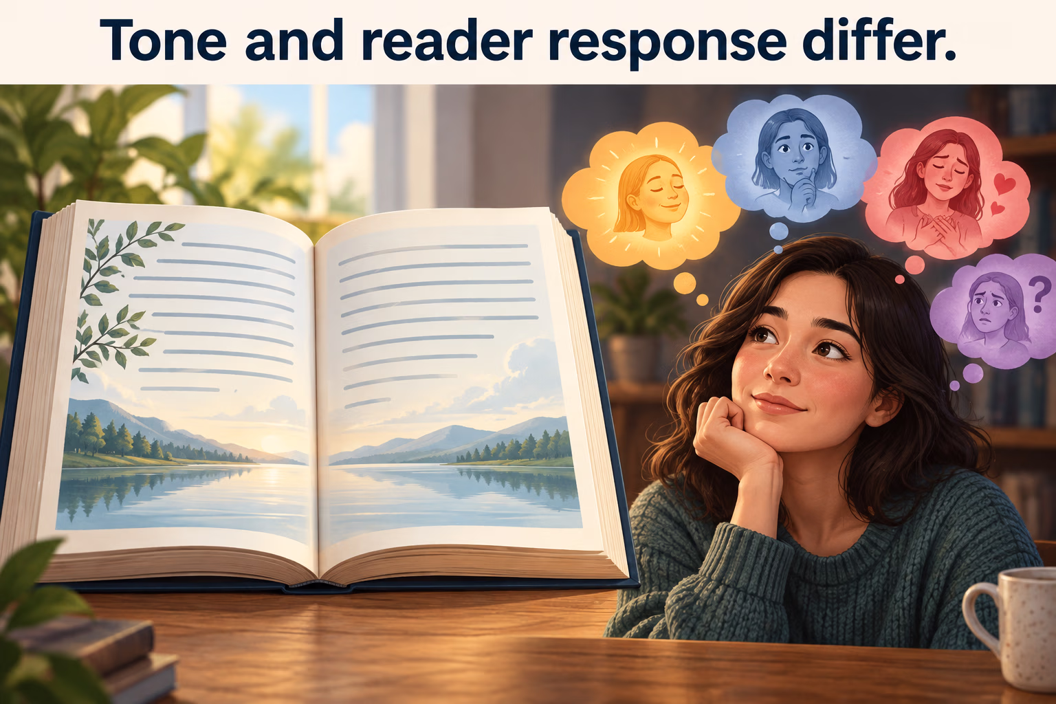A reader considers an open book, illustrating the difference between a text’s tone and a reader’s response.
