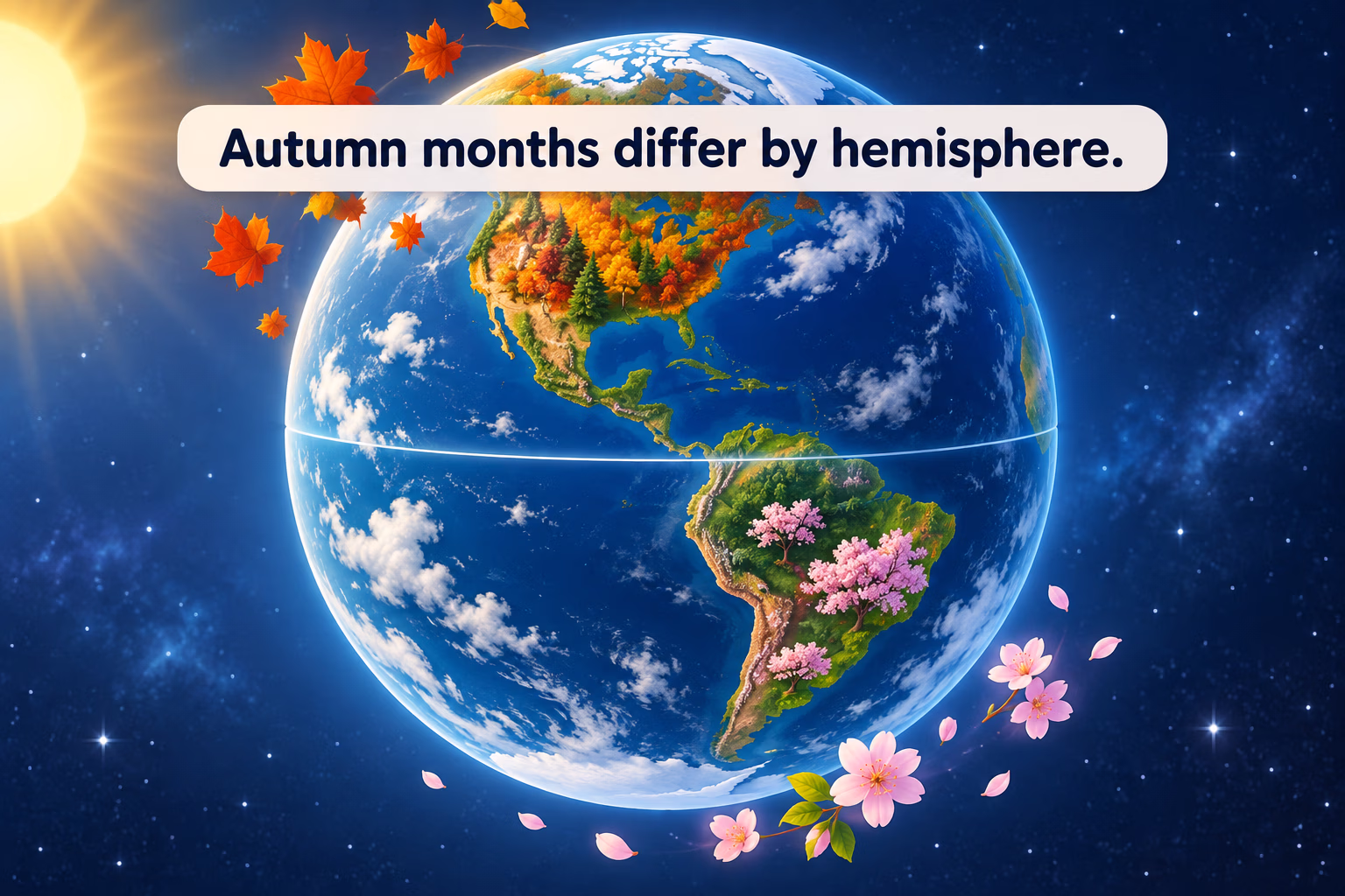 Illustrated globe showing autumn in the north and spring in the south; the image notes autumn months differ by hemisphere