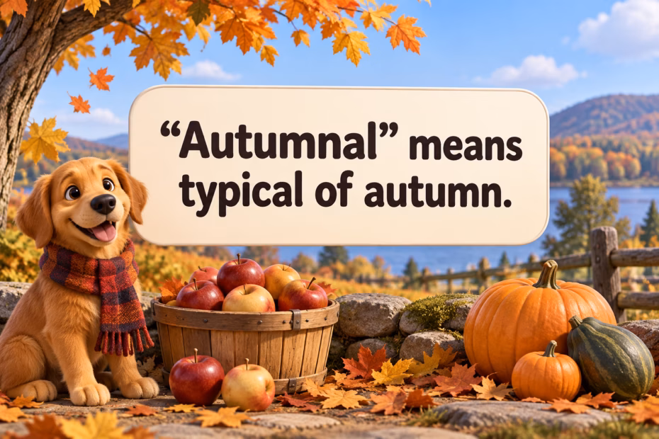 Autumnal park scene with leaves, apples, squash, and a dog; the image defines autumnal as typical of autumn.