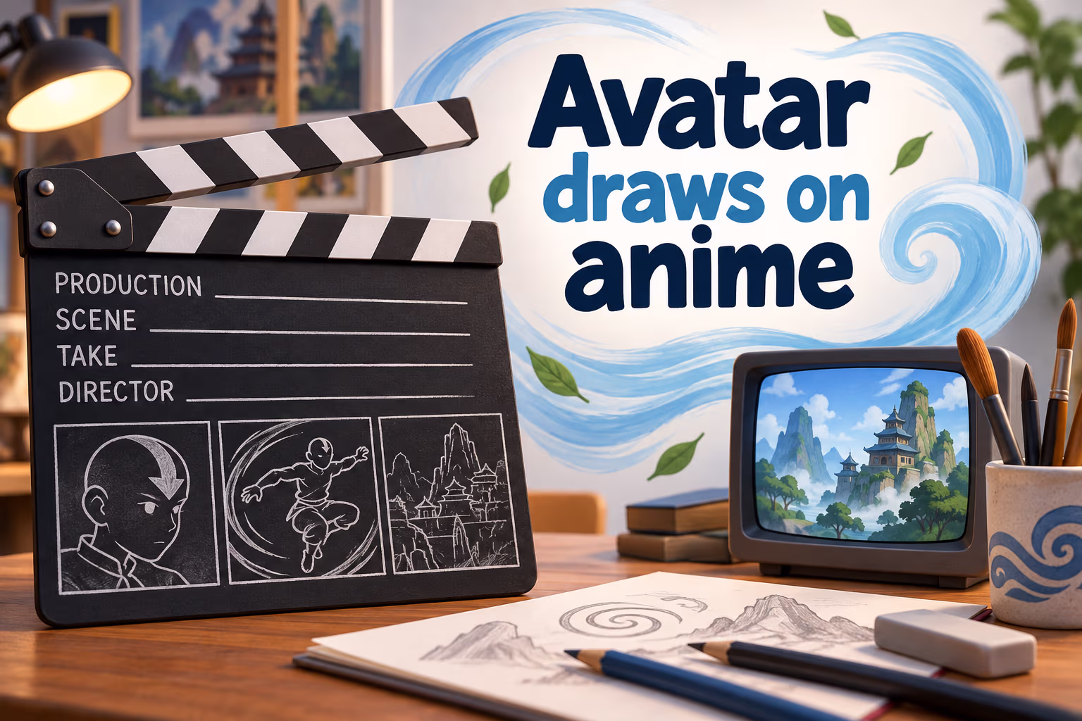 Animation studio slate and wind swirl. Text: Avatar draws on anime.