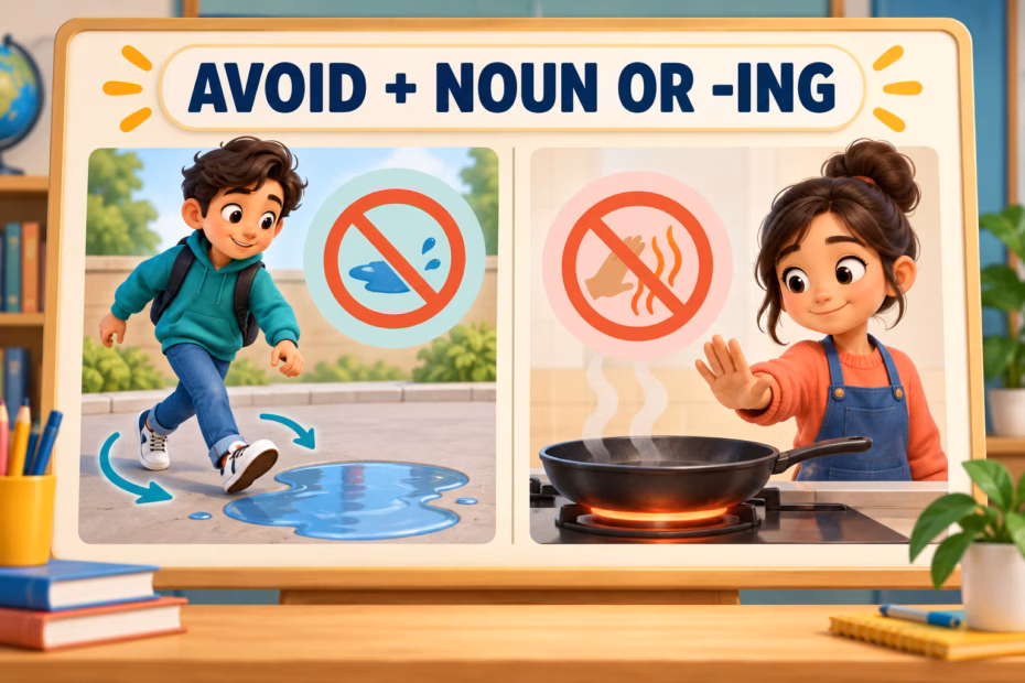 A student walks around a puddle and chooses not to touch a hot pan beneath the label Avoid plus noun or -ing.