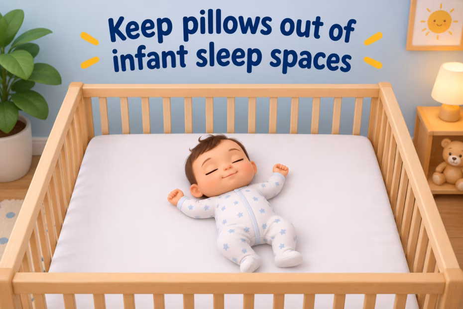 Polished 3D illustration of an infant on their back in an empty crib with the teaching label: Keep pillows out of infant sleep spaces.
