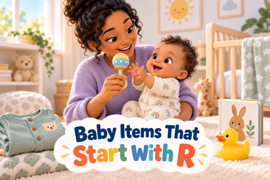 A caregiver and infant explore a rattle beside a romper, board book, and rubber duck, illustrating baby items beginning with R.