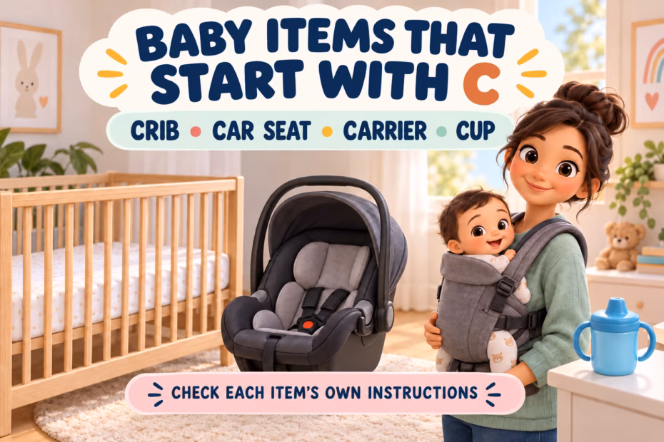 Illustrated crib, rear-facing car seat, baby carrier, and cup with a reminder to check each item’s instructions.