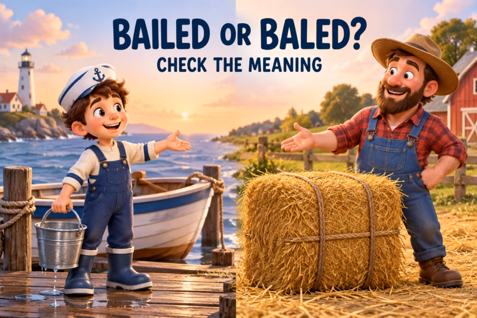 A friendly cartoon sailor and farmer compare BAILED and BALED beside a boat and hay bale