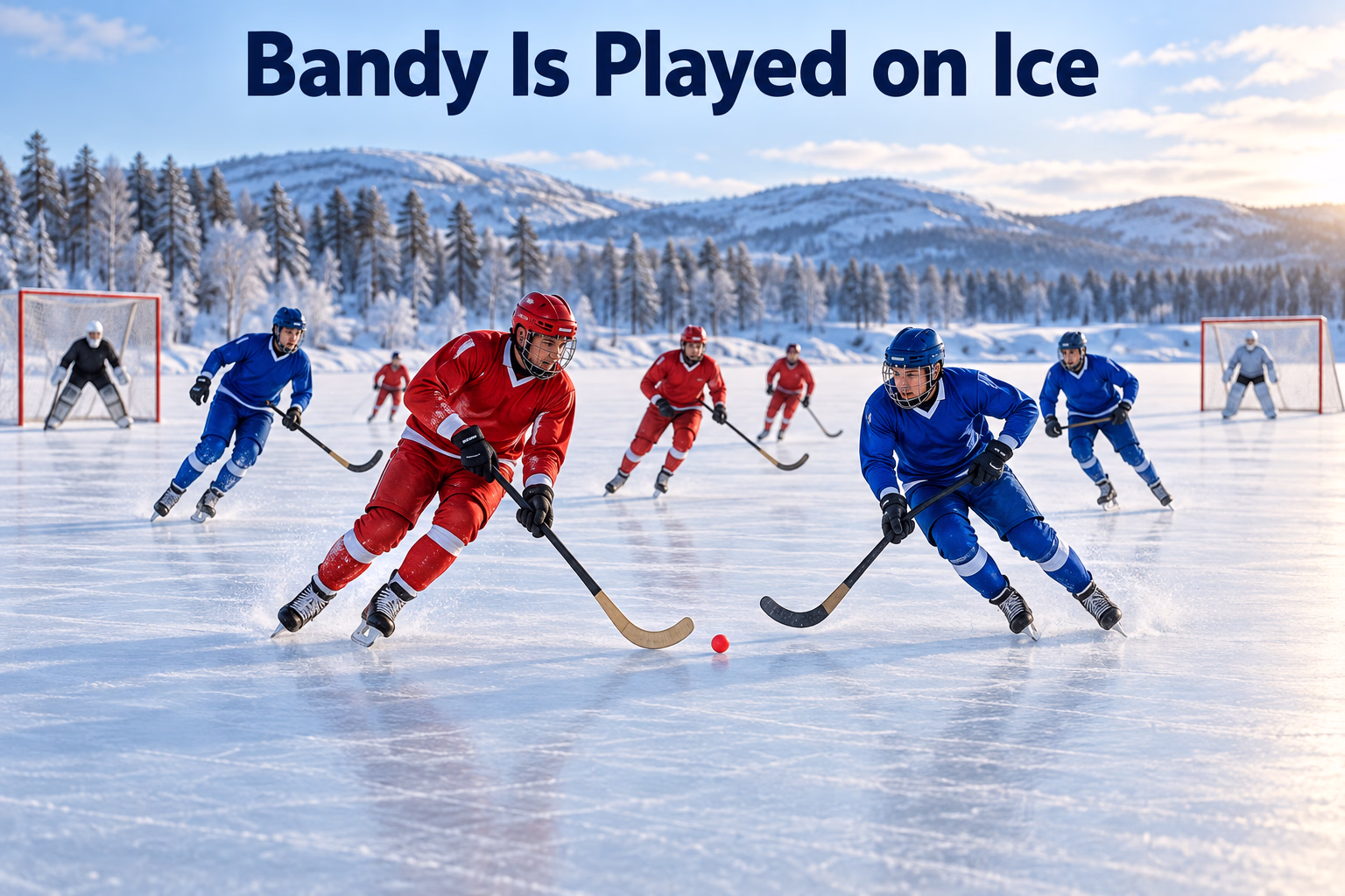 Two teams skate and move a small ball with sticks during an outdoor bandy match.