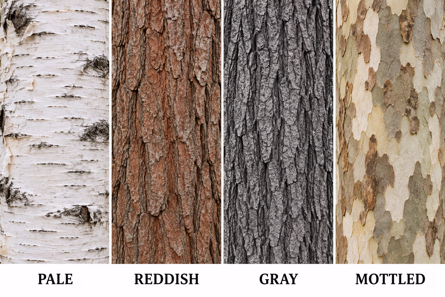 Bark color examples labeled pale, reddish, gray, and mottled