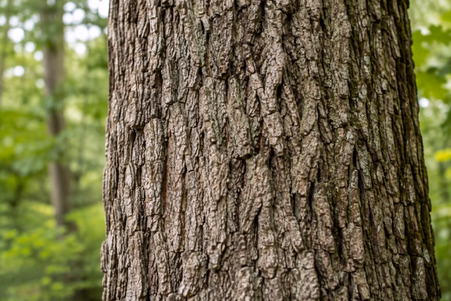 Close view of deeply ridged gray-brown oak bark in a green woodland