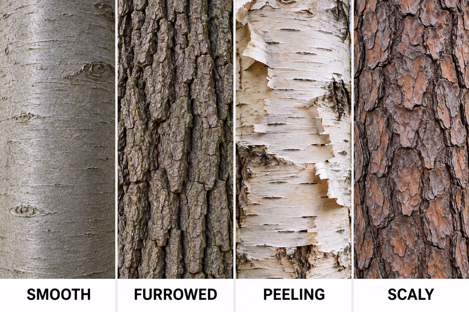 Four bark surfaces labeled smooth, furrowed, peeling, and scaly