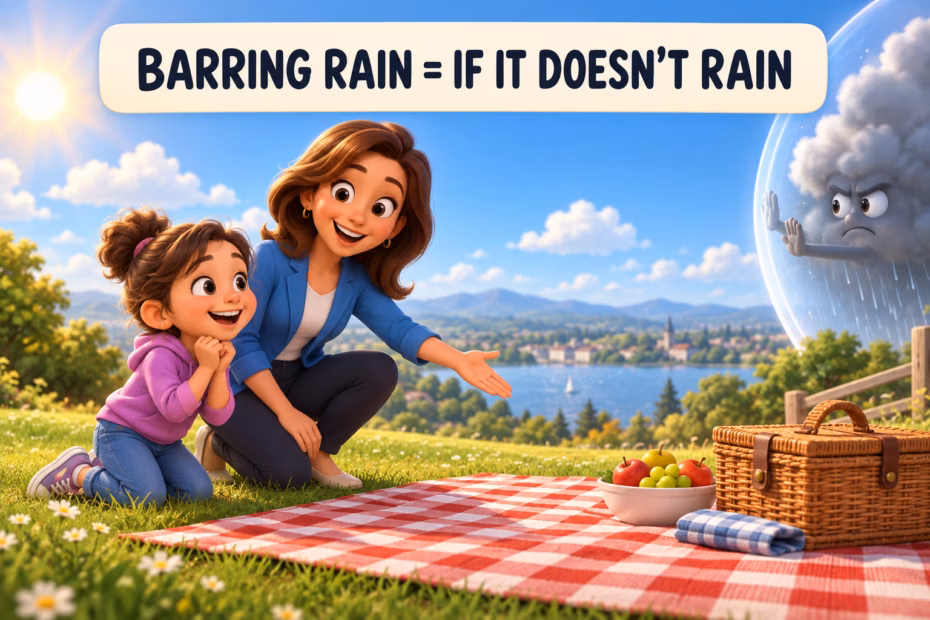 Barring rain means if it does not rain; an original 3D cartoon scene with a child and adult planning a picnic under blue skies, with the teaching label ‘Barring rain = if it doesn’t rain.’