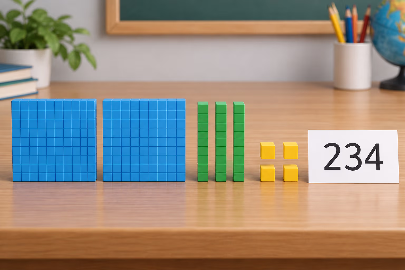 Two hundred blocks, three tens rods, and four unit cubes represent 234 in base ten.